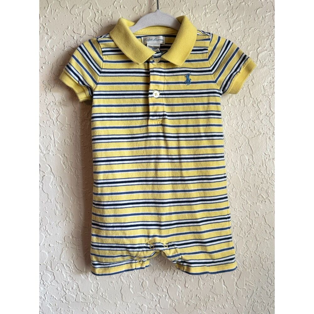 Ralph Lauren Yellow Blue Striped Baby Romper 6M Collared 100% Cotton